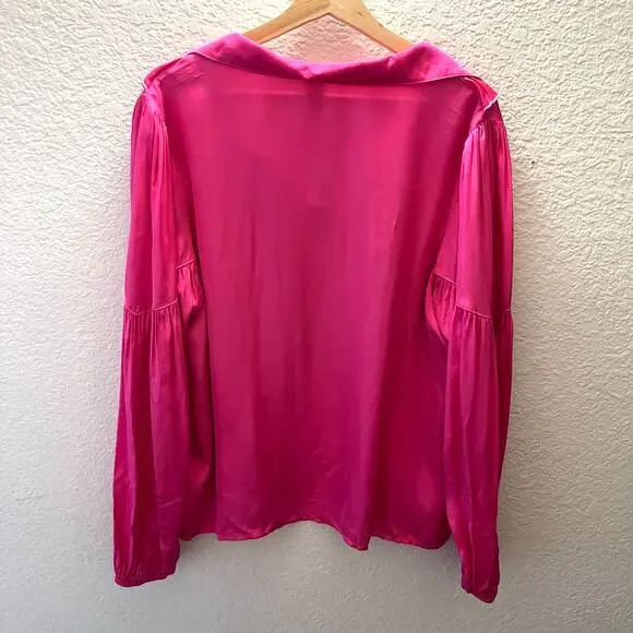 AMADI Lara Ruffled Blouse Hot Pink Anthropologie Boho V Neck Long Sleeve Size L - Picture 3 of 7